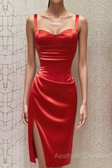 Red Sweetheart Neckline Slit Homecoming Dresses Midi Evening Prom Dresses