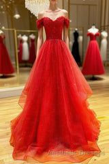 Red sweetheart off shoulder tulle long Evening Prom Dresses tulle formal Dresses
