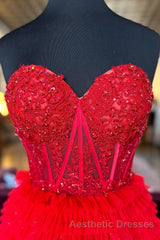 Red Sweetheart Sequins Top Multi-Layers Long Evening Prom Dresses,Tiered Formal Dresses