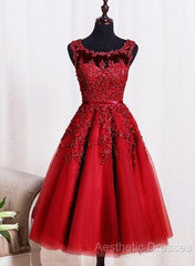 Red Tea Length Round Homecoming Dresses, Lace Applique Red Party Dresses, Vintage Style Evening Prom Dresses