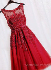 Red Tea Length Round Homecoming Dresses, Lace Applique Red Party Dresses, Vintage Style Evening Prom Dresses