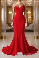 Red Thin Straps Mermaid Backless Long Evening Prom Dresses, Red Mermaid Formal Dresses, Red Evening Dresses