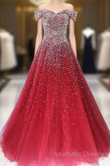 Red Tulle Beaded Off The Shoulder Long Party Gown, Red Formal Dresses