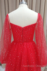 Red Tulle Long Puffy Sleeves Short Evening Prom Dresses, Red Tulle Homecoming Dresses