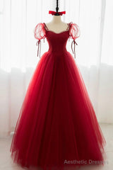 Red Tulle Short Sleeve Prom Dress, A-Line Floor Length Evening Graduation Dress