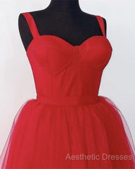 Red Tulle Spaghetti Straps Midi Corset Dresses