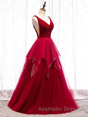 Red V Neck Long Evening Prom Dresses with Corset Back, Red Floor Length Evening Prom Gown, Evening Dresses