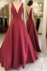 Red V Neck Satin Long Evening Prom Dresses, Red Evening Dresses