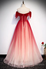 Red Off the Shoulder Long Tulle Evening Prom Dresses with Beading, Party Gown with Sequins