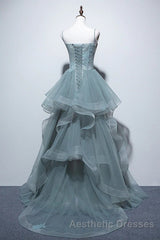 Gray Spaghetti Straps Tulle Princess Formal Evening Prom Party Dresses Long Formal Evening Prom Dresses
