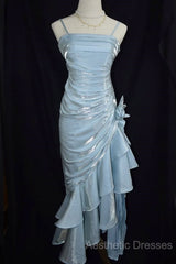 Retro Baby Blue Vintage Floral Dresses Asymmetrical Hem Evening Prom Gown