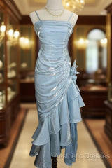 Retro Baby Blue Vintage Floral Dresses Asymmetrical Hem Evening Prom Gown