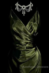 Retro Mermaid Spaghetti Straps Satin Green Long Evening Dresses Evening Prom Dresses