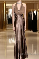Retro Mermaid V Neckline Chiffon Brown Evening Dresses Evening Prom Dresses