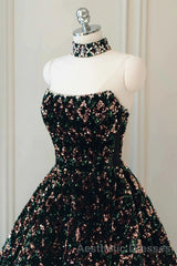 A Line Sparkly Sequin Long Evening Prom Dresses, Gorgeous Strapless Long Evening Prom Dresses