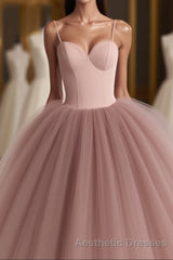 Dusty Rose A-Line Tulle Floor Length Spaghetti Straps Sweetheart Evening Prom Party Dresses Evening Prom Dresses