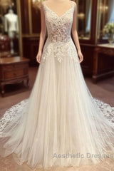 Romantic Long A-Line Spaghetti Straps Appliques Lace Backless Wedding Dresses