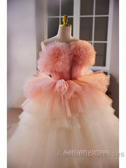Romantic Pink Tulle Ball Gown Ombre Tiers Evening Prom Dresses