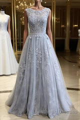 Round Neck Appliques Vintage Tulle Lace Evening Prom Dresses, Bridesmaid Dresses