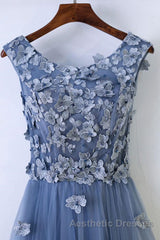 Round Neck Blue Lace Floral Long Evening Prom Dresses, Blue Lace Long Formal Evening Dresses