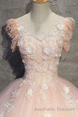 Round Neck Cap Sleeves Lace Pink Long Evening Prom Dresses, Pink Lace Formal Dresses, Pink Evening Dresses, Ball Gown