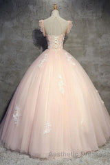 Round Neck Cap Sleeves Lace Pink Long Evening Prom Dresses, Pink Lace Formal Dresses, Pink Evening Dresses, Ball Gown