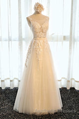 Round Neck Champagne Lace Evening Prom Dresses with Corset Back, Champagne Lace Formal Evening Bridesmaid Dresses