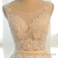 Round Neck Champagne Lace Evening Prom Dresses with Corset Back, Champagne Lace Formal Evening Bridesmaid Dresses