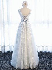 Round Neck Gray Lace Evening Prom Dresses with Corset Back, Gray Lace Formal Evening Bridesmaid Dresses