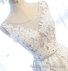 Round Neck Gray Lace Evening Prom Dresses with Corset Back, Gray Lace Formal Evening Bridesmaid Dresses