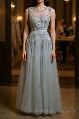 Round Neck Lace Evening Prom Dresses, Lace Formal Evening Dresses