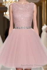 Round Neck Lace Short Pink Evening Prom Dresses, Pink Homecoming Dresses, Short Pink Formal Dresses