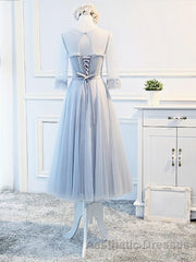 Round Neck Long Sleeves Blue Evening Prom Dresses, Long Sleeves Blue Formal Bridesmaid Evening Dresses