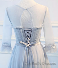 Round Neck Long Sleeves Blue Evening Prom Dresses, Long Sleeves Blue Formal Bridesmaid Evening Dresses