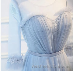 Round Neck Long Sleeves Blue Evening Prom Dresses, Long Sleeves Blue Formal Bridesmaid Evening Dresses