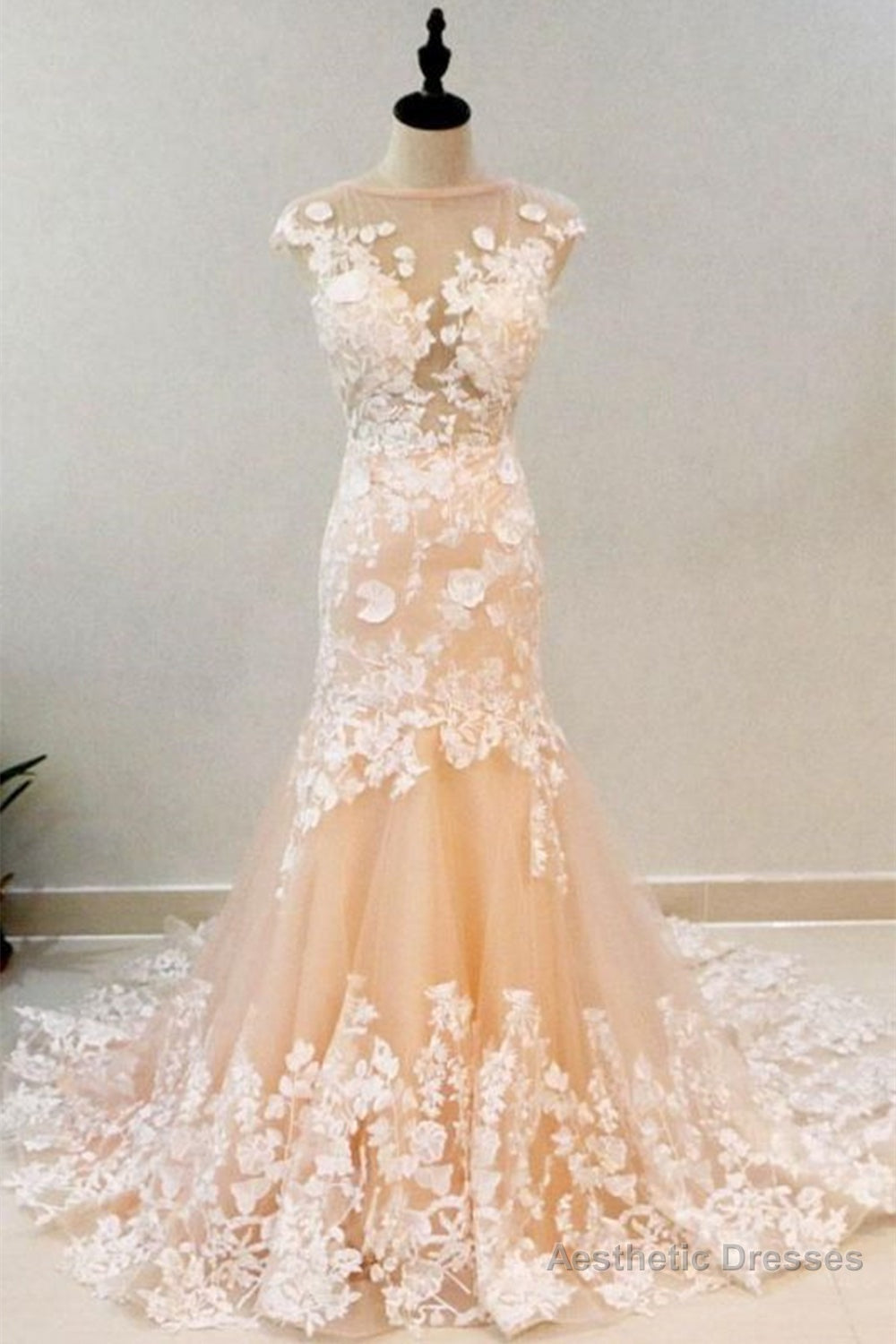 Round Neck Mermaid Champagne Lace Long Prom Dress, Mermaid Champagne Formal Dress, Champagne Lace Evening Dress