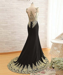Round Neck Mermaid Lace Applique Black Evening Prom Dresses, Lace Black Formal Dresses