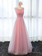 Round Neck Pink Beaded Long Evening Prom Dresses, Pink Long Formal Evening Dresses