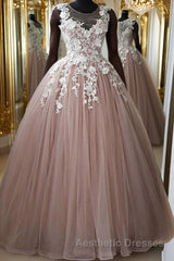 Round Neck Pink Lace Long Evening Prom Gown, Long Pink Lace Evening Prom Formal Evening Dresses, Pink Ball Gown