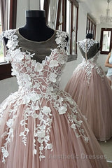 Round Neck Pink Lace Long Evening Prom Gown, Long Pink Lace Evening Prom Formal Evening Dresses, Pink Ball Gown