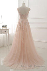 Round Neck Pink Lace Evening Prom Dresses, Pink Lace Formal Evening Dresses