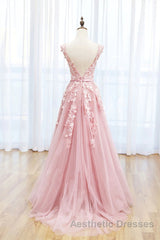 Round Neck Pink Lace Evening Prom Dresses, Pink Lace Long Formal Evening Dresses