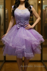 Round Neck Purple Lace Short Evening Prom Dresses, Lilac Lace Homecoming Dresses, Purple Formal Evening Dresses