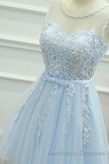 Round Neck Short Blue Lace Evening Prom Dresses, Short Blue Lace Homecoming Graduation Dresses