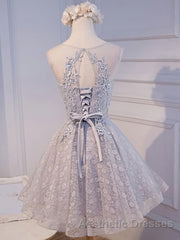 Round Neck Short Gray Lace Evening Prom Dresses, Short Gray Lace Formal Homecoming Graduation Dresses