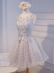 Round Neck Short Gray Lace Evening Prom Dresses, Short Gray Lace Formal Homecoming Graduation Dresses