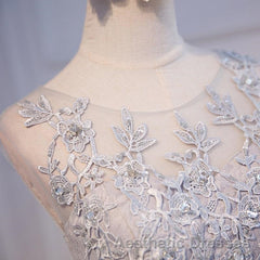 Round Neck Short Gray Lace Evening Prom Dresses, Short Gray Lace Formal Homecoming Graduation Dresses