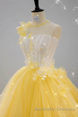 Round Neck Yellow Lace Tulle Evening Prom Dresses, Yellow Lace Short Homecoming Dresses, Yellow Formal Graduation Evening Dresses