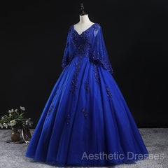 Royal Blue Ball Gown Lace Applique Quinceanera Dresses, Tulle Floor Length Sweet 16 Dresses