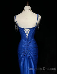 Royal Blue Elegant Mermaid Satin Spaghetti Strap Long Evening Prom Dresses Beaded Formal Evening Gown